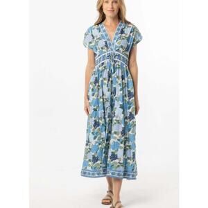 Bindu Aria Maxi Dress XS Blue Floral Cotton Resort Pockets